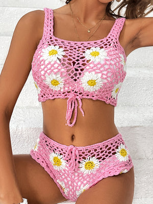 Flower Cutout Wide Strap Two-Piece Cover Up