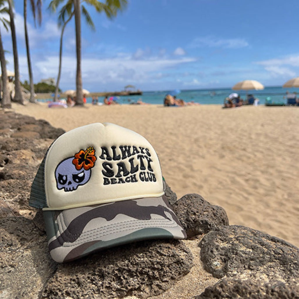 Sand Camo Always Salty Beach Club Trucker Hat Wet Dreamz Hawaii