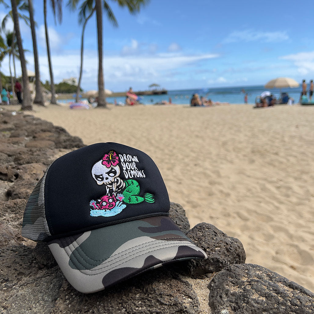 Camo Drown Your Demons Trucker Hat