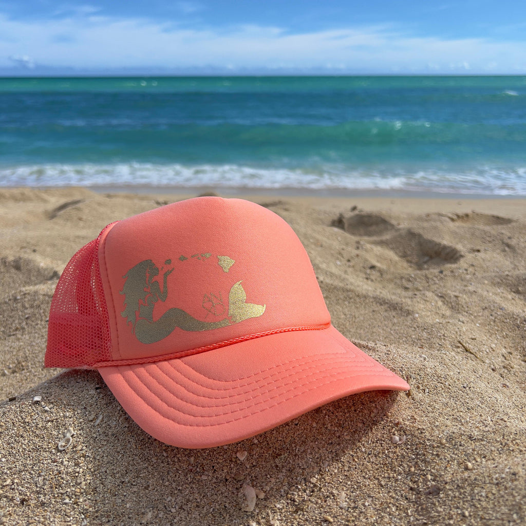 WET DREAMZ HAWAII // Ltd Ed Pina colada mermaid trucker hat in aqua camo Mermaid Trucker - Sand Camo/Pink - Wet Dreamz Hawaii main image 2
