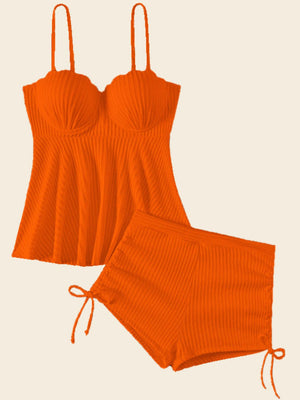 Sunrise Shell Textured Drawstring Spaghetti Strap Two-Piece Swim Set