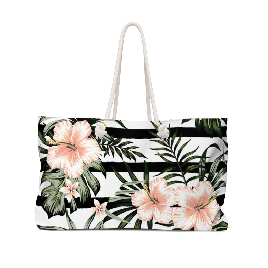 "Pink Hibiscus Striped" Beach Tote